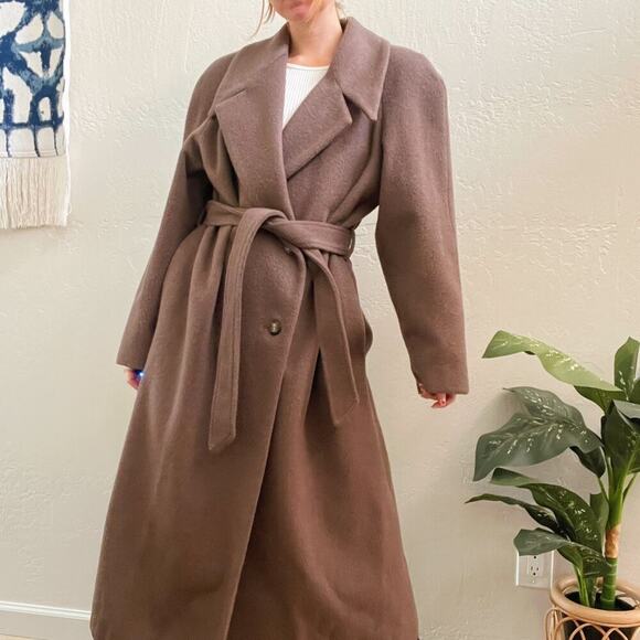 Vintage 1980's Taupe Wool Mohair Oversized Belted Trench Coat - Picture 7 of 12